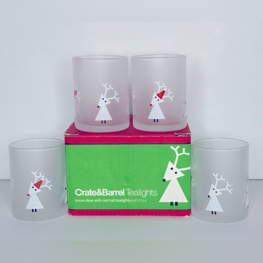 NEW Crate&Barrel Snow Deer Frosted Glass Tealight Holders